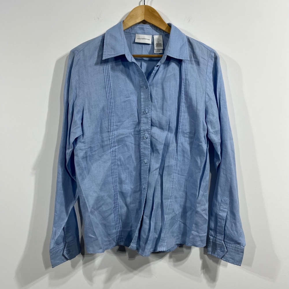 VTG Liz Claiborne Powder Blue 100% Linen Coastal Button Down‎ Shirt Womens 10